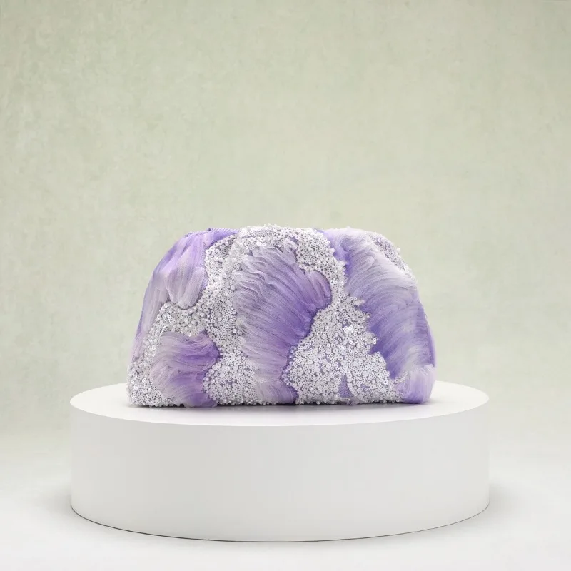 Flower Embroidered Women's Clutch Bag Violet Tulle Chinese Style Sequin Bead Embroidery Mesh Fabric Purse Bolsos De Mano Fiesta