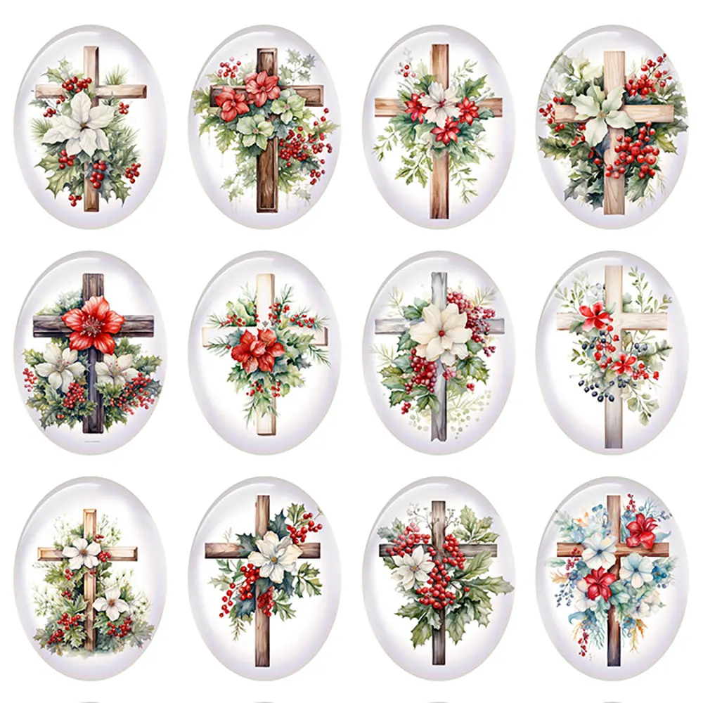 10pcs/lot Christmas X-mas Winter Cross Flower Jesus Oval Photo Glass Cabochon Charms Flatback Demo Cameo For Diy Jewelry Making
