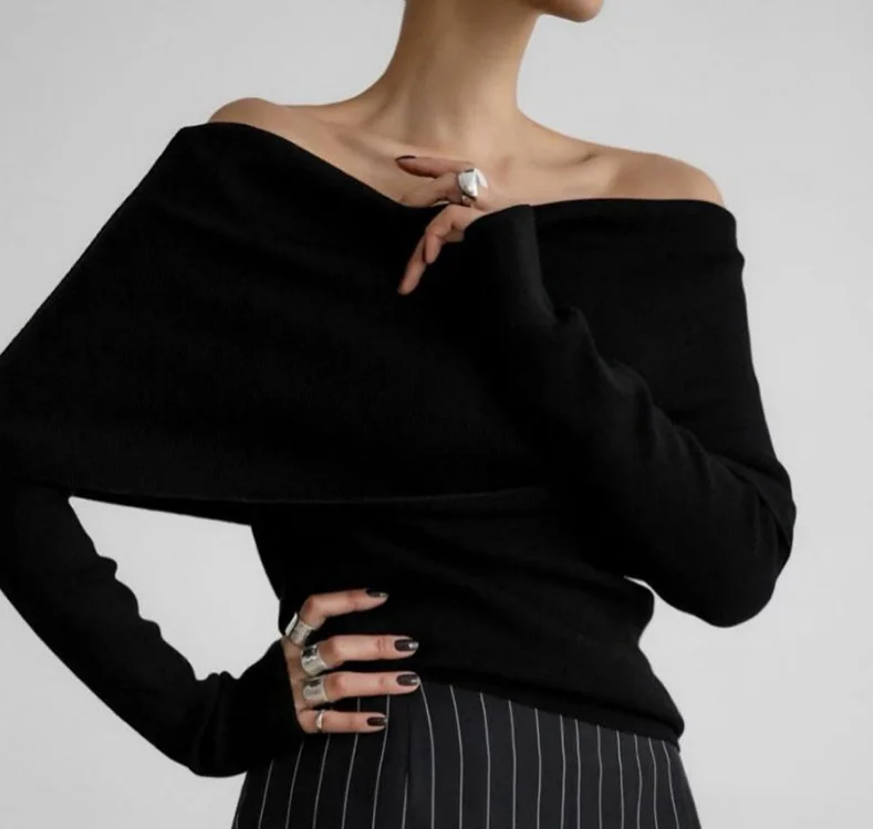 Sexy Slim Fit Exposed Shoulders Sweater Women New Autumn Winter Long Sleeve Knit Pullover Tops s872