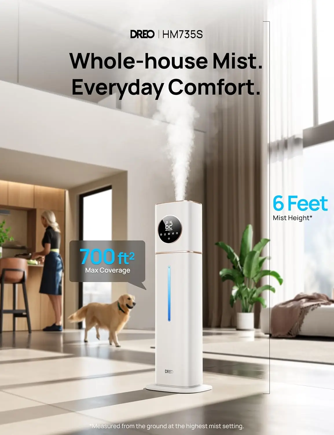 Smart Humidifier Large room, 100 hours cold mist air humidifier for bedroom, top fill self-cleaning tank, automatic mode