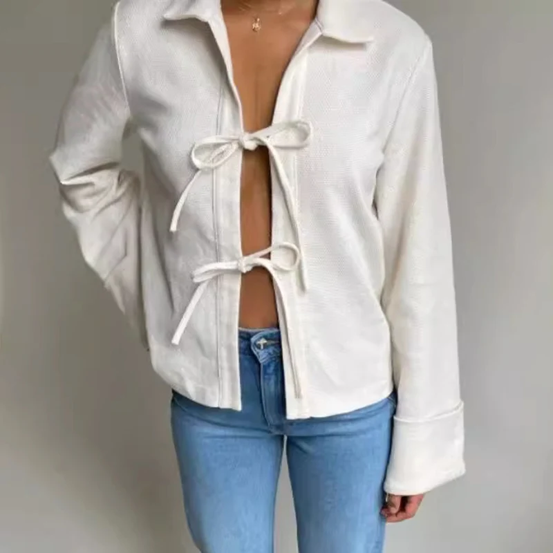 Y2K Aesthetic T-shirt Women Sexy Crop Tops Fashion Solid Color Tie-Up Front Lapel Neck Long Sleeve Cardigans Blouse Streetwear