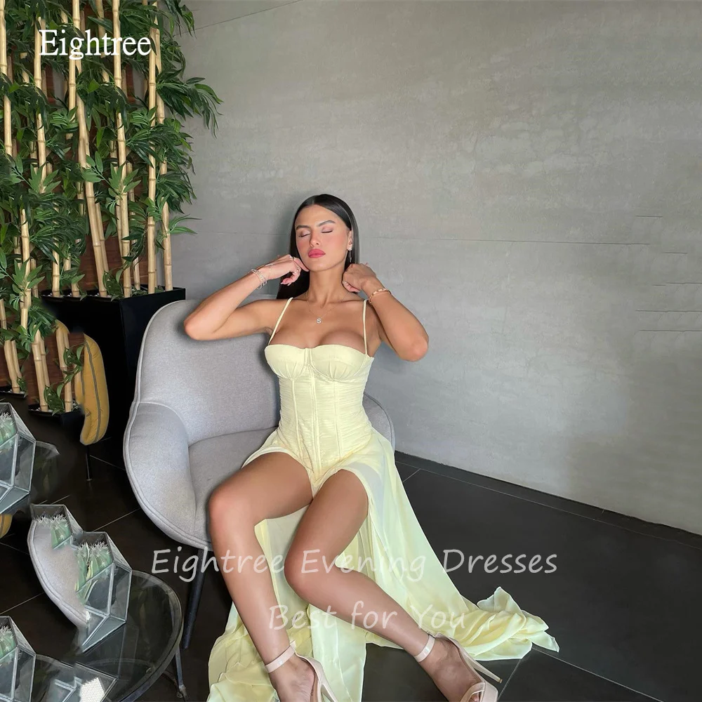 Eightree Light Yellow Prom Gowns Spaghetti Strap Formal Party Gown Saudi Chiffon Evening Dress vestidos de fiesta Customized