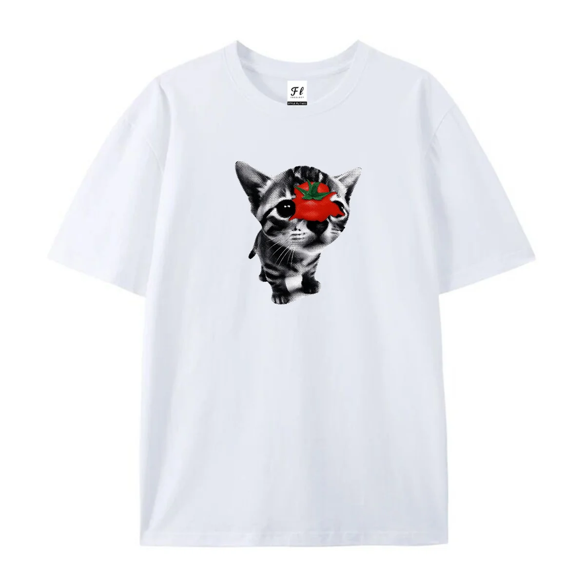 Cute Kitten With Tomato On Head Graphic T Shirt Halftone Vintage Cat Meme Tee Unisex Casual Short Sleeve Funny Pet Lover Gift