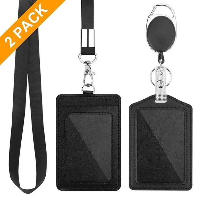 

2pcs/set Retractable Id Badge Holder PU Leather Card Covers Card Wallet Business Credit Card Holder with Lanyard Office Supplies