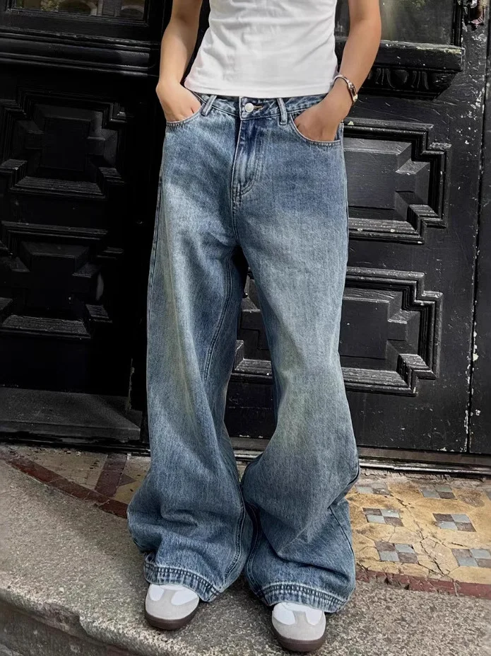 

Синие прямые джинсы длиной до пола с высокой талией, женские свободные брюки с завышенной талией Y2K, American High Street Sle