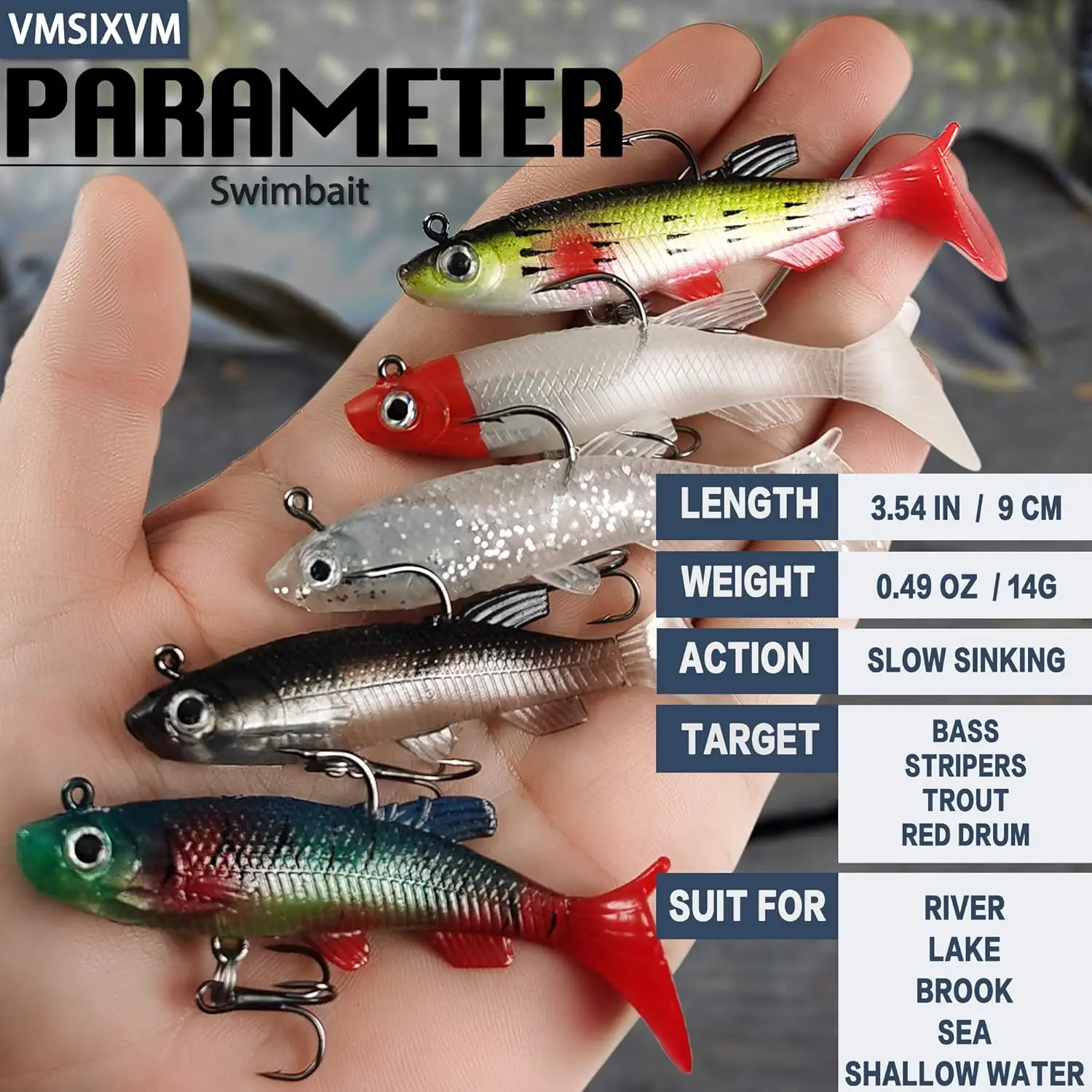 Köder für Barsch, Jighead Soft Swimbait, 5er-Pack in 5 Farben, Plastikköder für Salzwasser/Süßwasser-Angeln – Detail 7