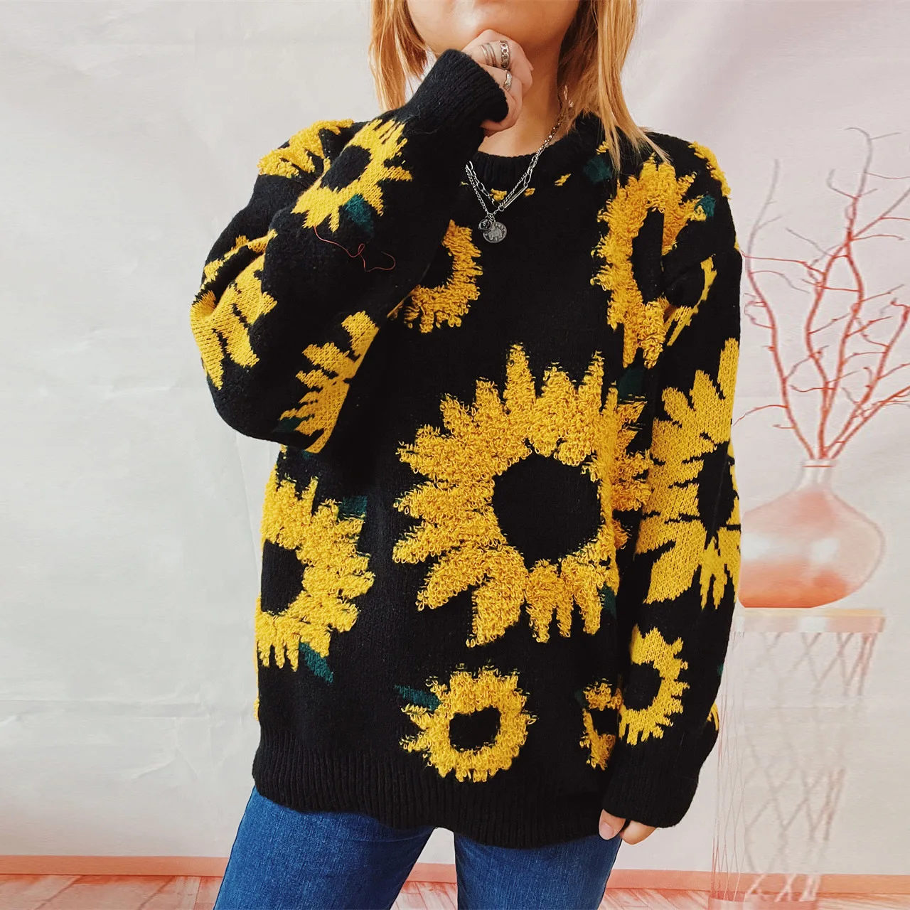 OMCHION Korean Sweater 2023 Autumn Winter New Knitted Top Sunflower Embroidery Sweater  Women Casual Loose Pullover Fashion