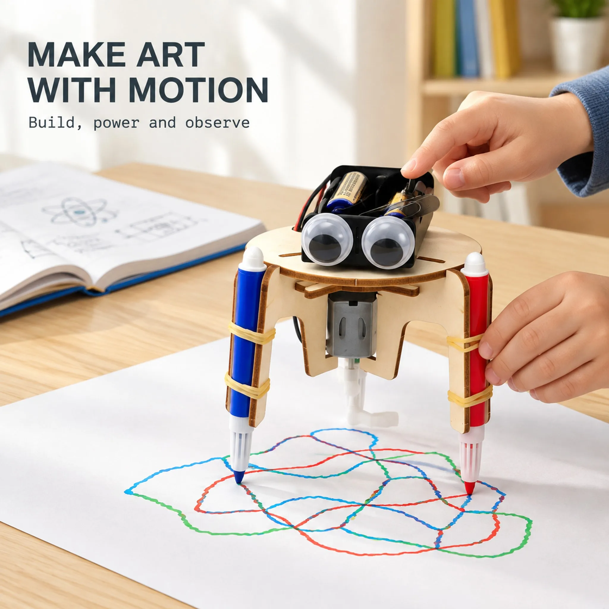 Wooden Doodle Robot DIY Kit STEM Physics Experiment Drawing Machine Craft Toy for Kids Students STEM Science Classroom Gift Pack