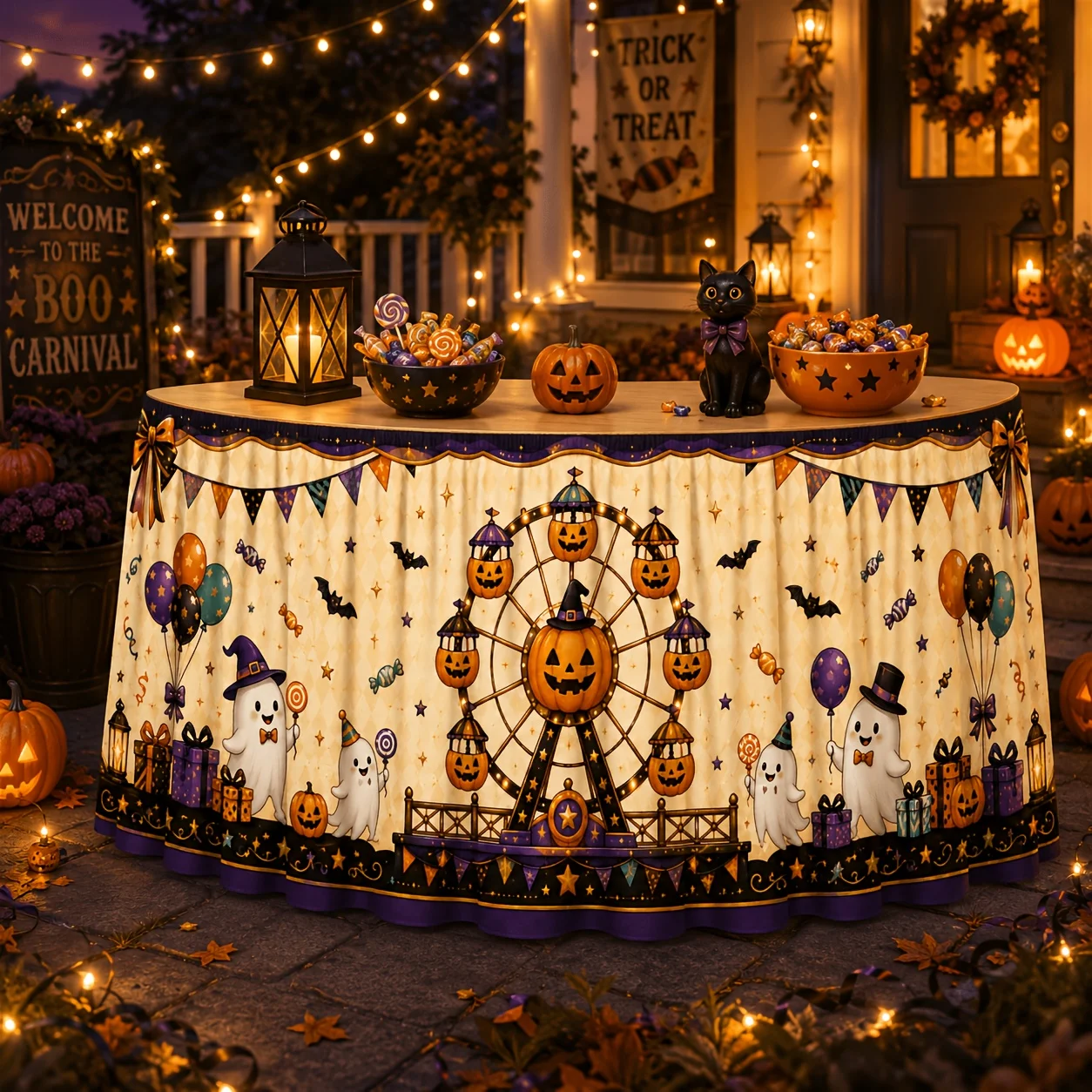 One tablecloth table skirt, polyester, cute Halloween Ferris wheel pumpkin ghost bat balloon gift box, candieszyc