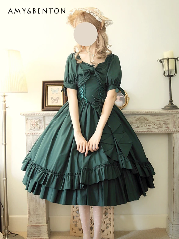 

Elegant French Temperament Girl OP Lolita Dress Summer Sweet Bow Bubble Sleeve Slim Tutu Dress Women Graceful Princess Dresses