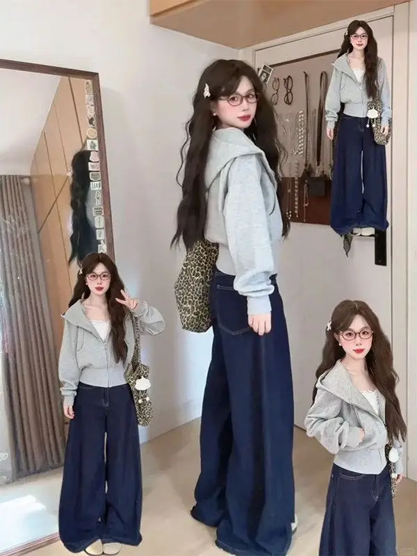 Retro American Style Fleece Lined Short Thickened Waist Shaping Women's Zipper Design Long Sleeve Hoodie Cardigan Spring Autumn