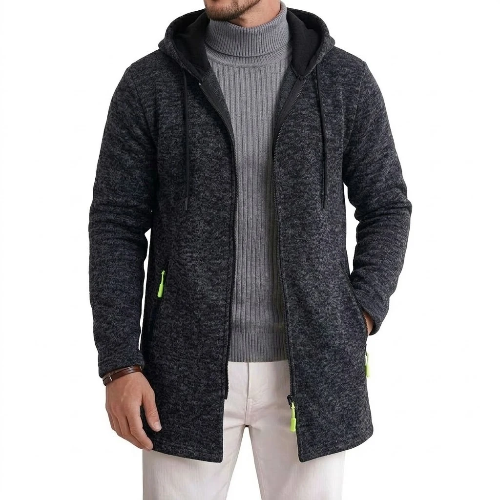 Herren Zip-Hoodie-Jacke, Herbst, lässig, warm, Fleece, Kapuzen-Trenchcoat, Thermo-Winter-Oberbekleidung mit Reißverschlusstaschen, Sweatshirt mit Reißverschluss – Detail 3