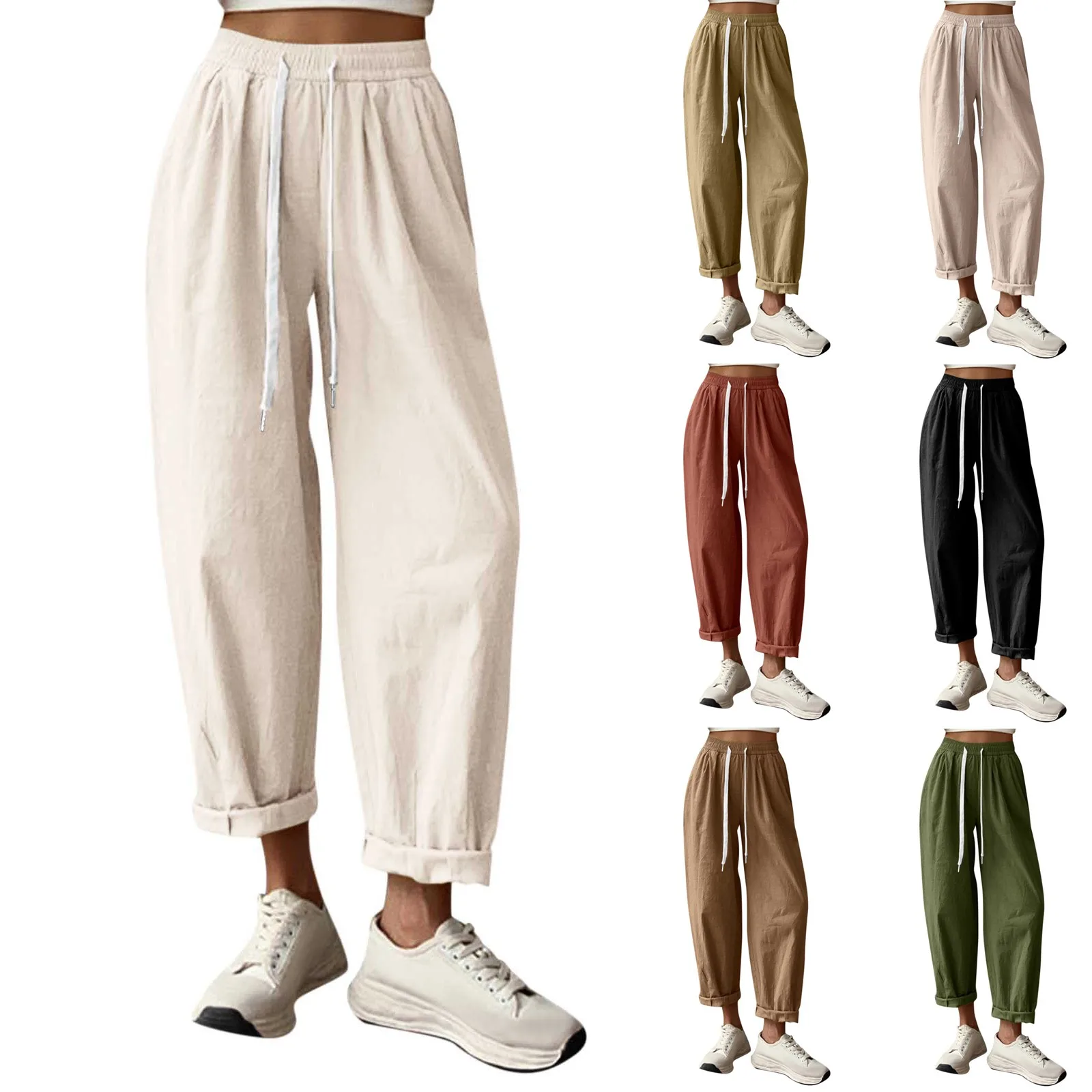 Women'S Drawstring Pants Casual Fashion Comfy Cotton And Linen Pants With Pockets Elastic Waist Wide Leg All-Match Pants