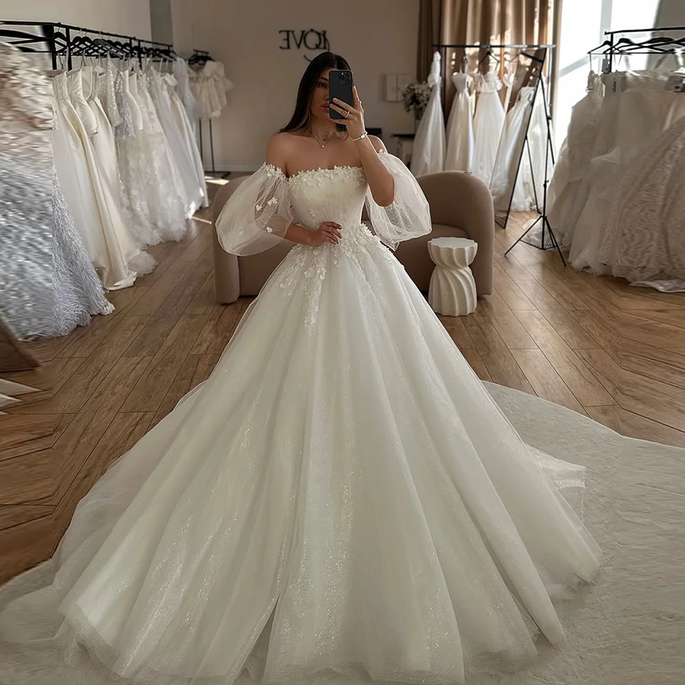 Customzied Elegant Boat Collar Tulle Wedding Party Dress with Lace A-line Backless Court Wedding Gown with Detachable Sleeve