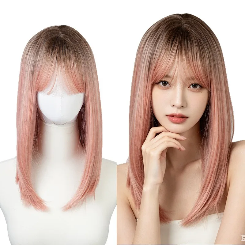 グラデーションピンクウィッグ、前髪付き女性用ウィッグ、高温繊維、かわいいロリータウィッグ、通気性のある着用可能なウィッグ、日常用、パーティーウィッグ