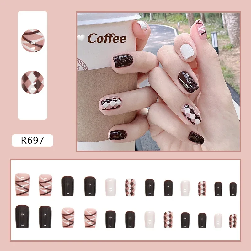 Unhas falsas de cor sólida para meninas, pontas de unhas falsas de cobertura total, prensa de adesivo e acrílico, removível e removível, uso curto, 24 pcs/set