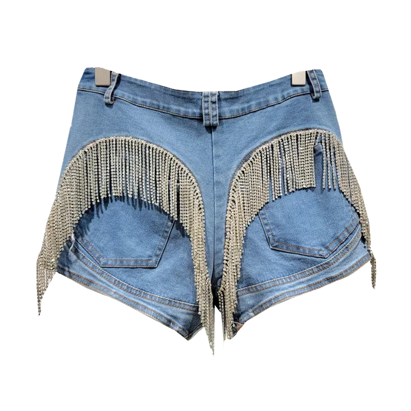 شيك كريستال الماس شرابات الربط الساخن الدنيم السراويل الإناث الخصر النحيف ضيق الراين مهدب الجينز السراويل كاوبوي بنطلون