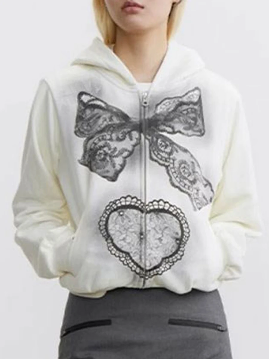 Women s Fall Zip Up Hoodies with Pockets Stylish Butterfly Love Heart Embroidery Long Sleeve Loose Casual Sweatshirts