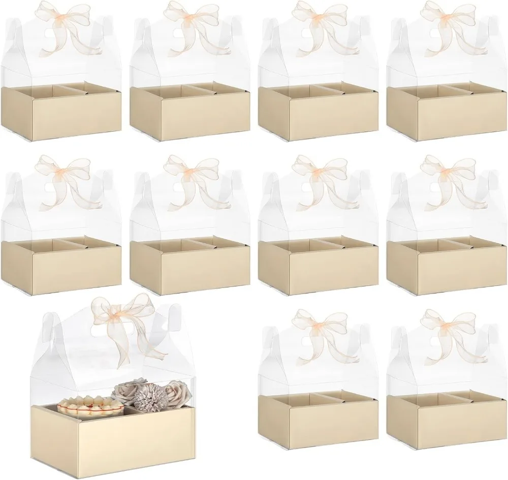 10 Pack 4 Inch Clear Cake and Flower Gift Boxes with Ribbon, Ideal for Weddings Parties Holidays