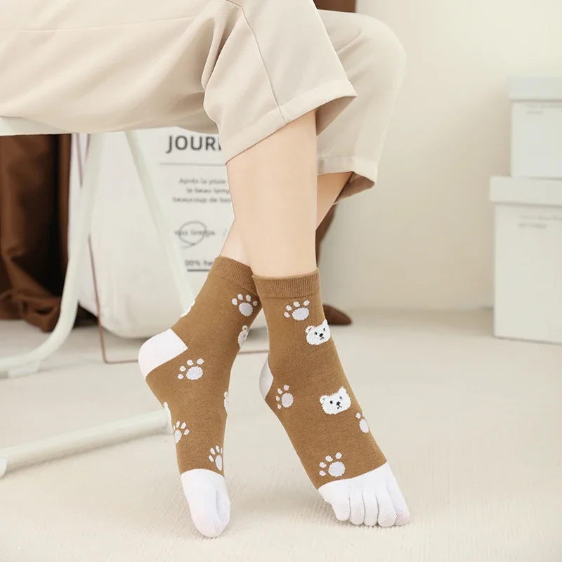 Women Cotton Five-finger Socks Ladies Socks Cartoon Cute Split Toe Socks Set