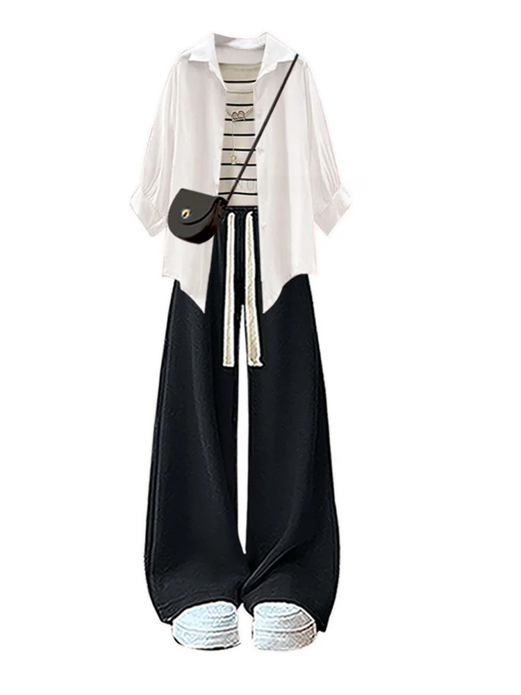 Summer Spring plus Size Casual Ele Women's Set Sunscreen irt Stripe Vest Wide Leg Slimming Casual Pants Tee Piece Set