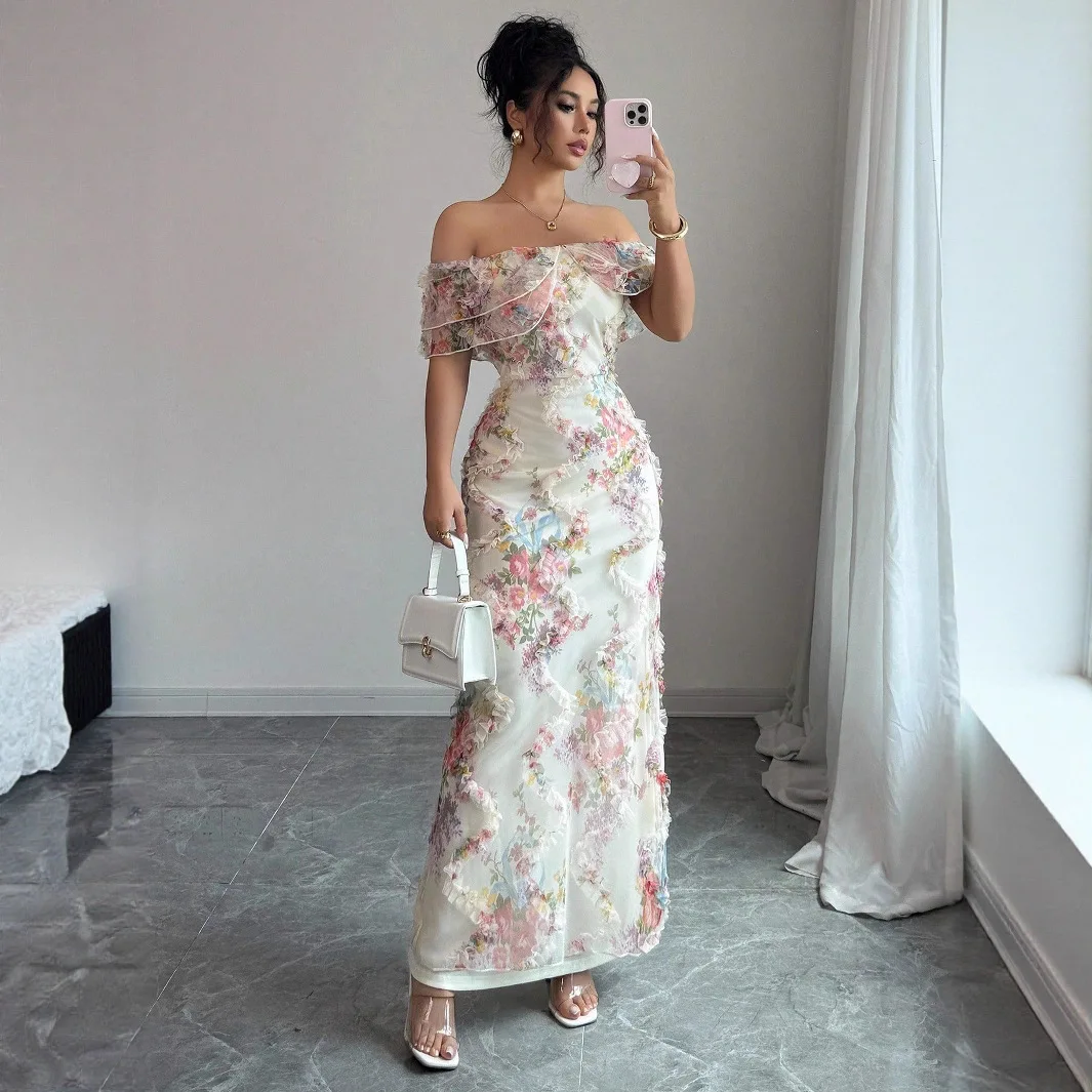 Damenkleider, elegantes und romantisches Rüschenkleid, sexy, schulterfrei, tailliertes Mesh-Blumenkleid, Partykleid für Damen