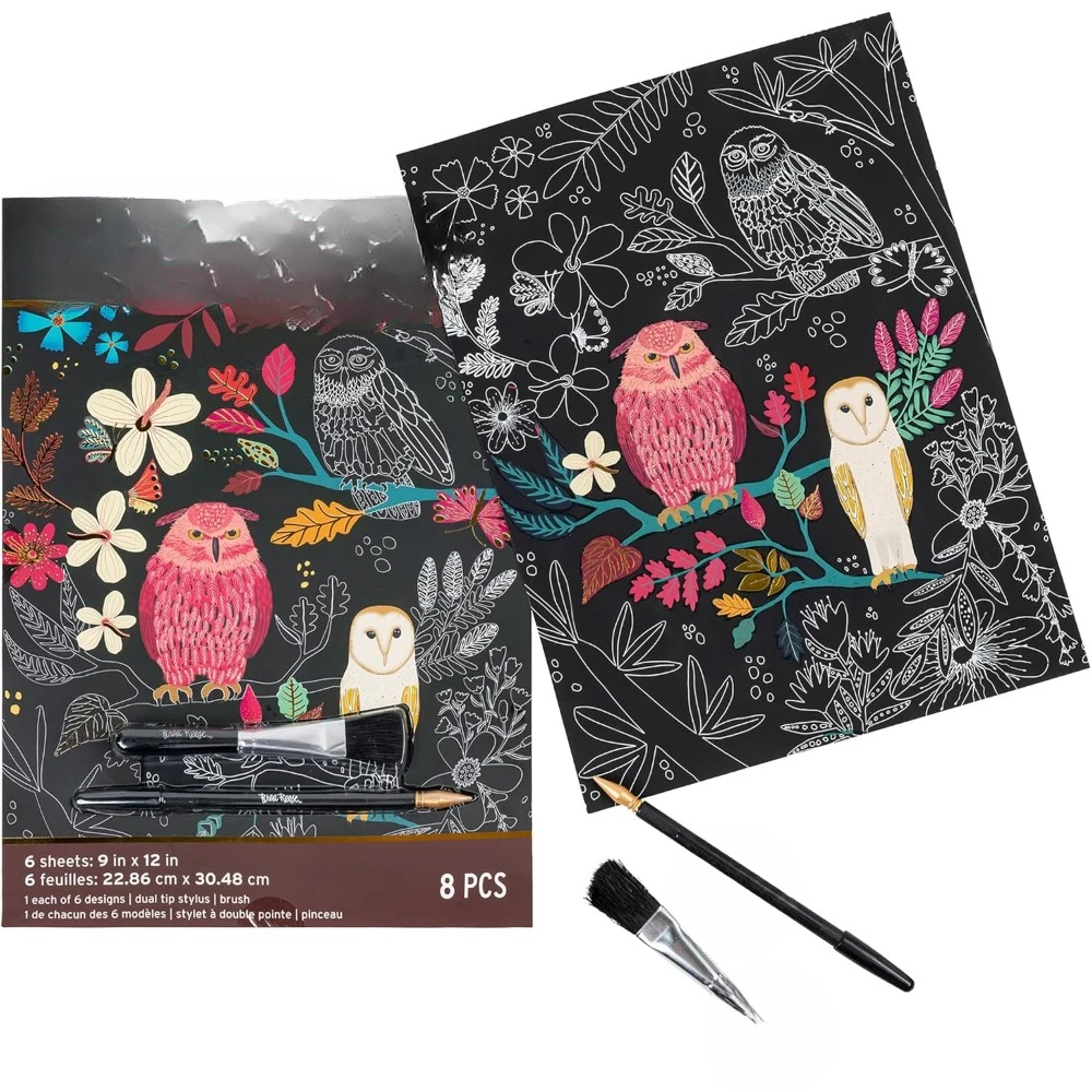 스크래치 아트 종이 패드 - 올빼미와 달, 금속 가이드 아트, 양방향 스타일러스 및 브러시