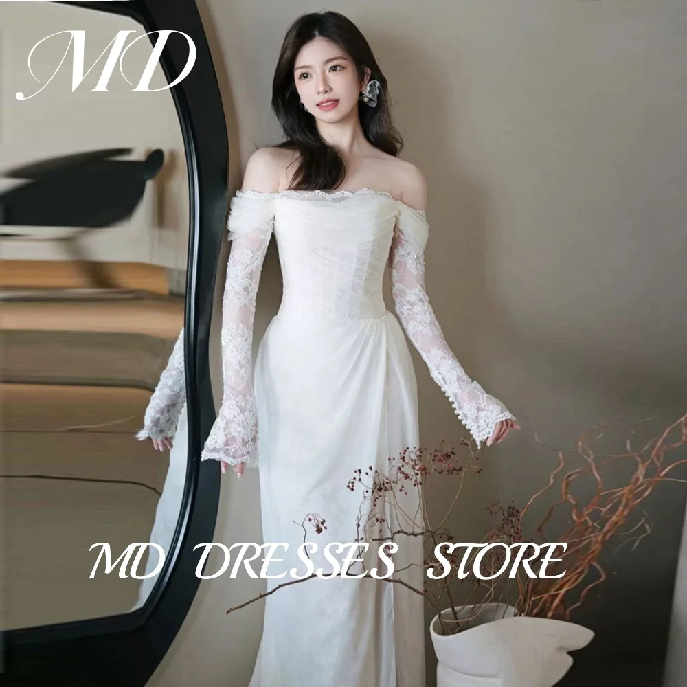 MD 2025 Modern White Lace Wedding Dresses  Off Shoulder Full Sleeve Korea Photoshoot Side High Slit Bridal Gowns Customized