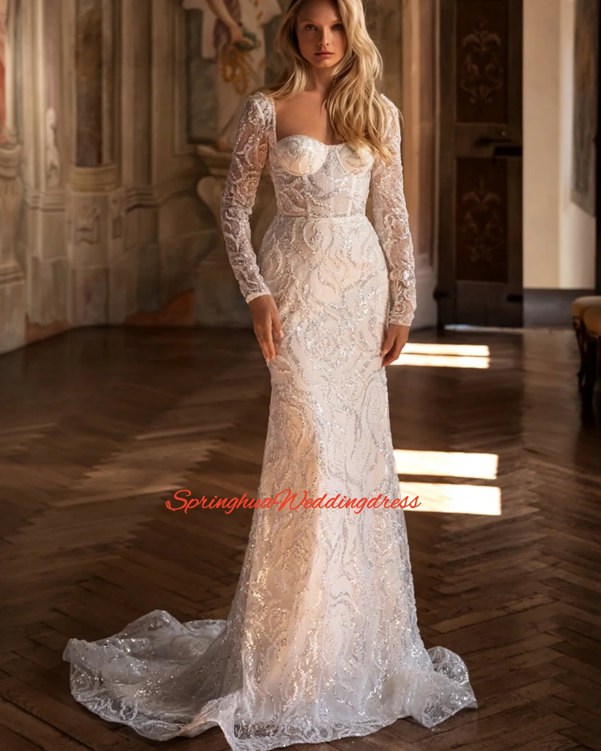 Abiti da sposa a sirena in pizzo a maniche lunghe con colletto quadrato di lusso personalizzati Abiti da sposa a tromba con strascico staccabile con perline squisite