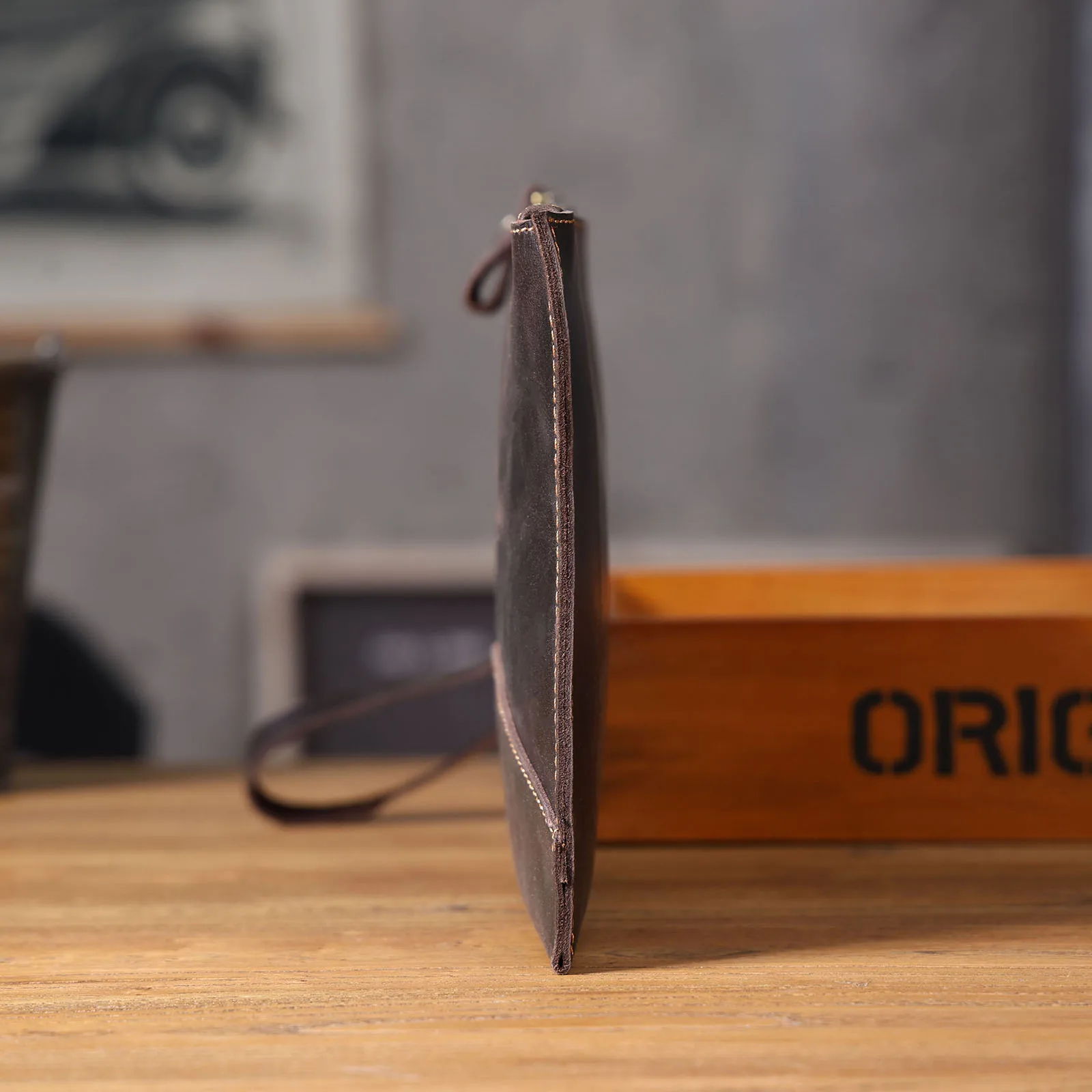 Vintage Echtleder Herren-Clutch-Tasche Lange Geldbörse für Männer Erstklassiges Leder Retro-Kartenhalter Handyhalter – Detail 11