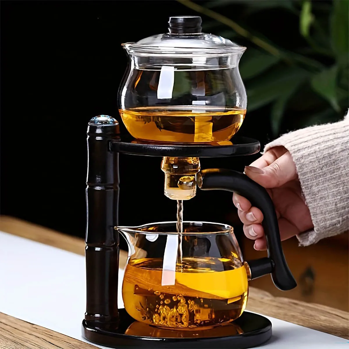 

1 Set Glass Teapot Set Lazy Kungfu Automatic Drip Rotating Tea Set With Infuser Office Blooming For Home Office Tea Accessories