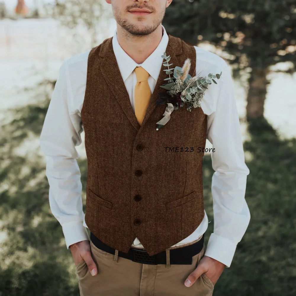 

Casual Sleeveless Vest for Men's Suit Vintage Herringbone Fabric Notch Lapel Elegant Man Vest Business Style Single-breasted