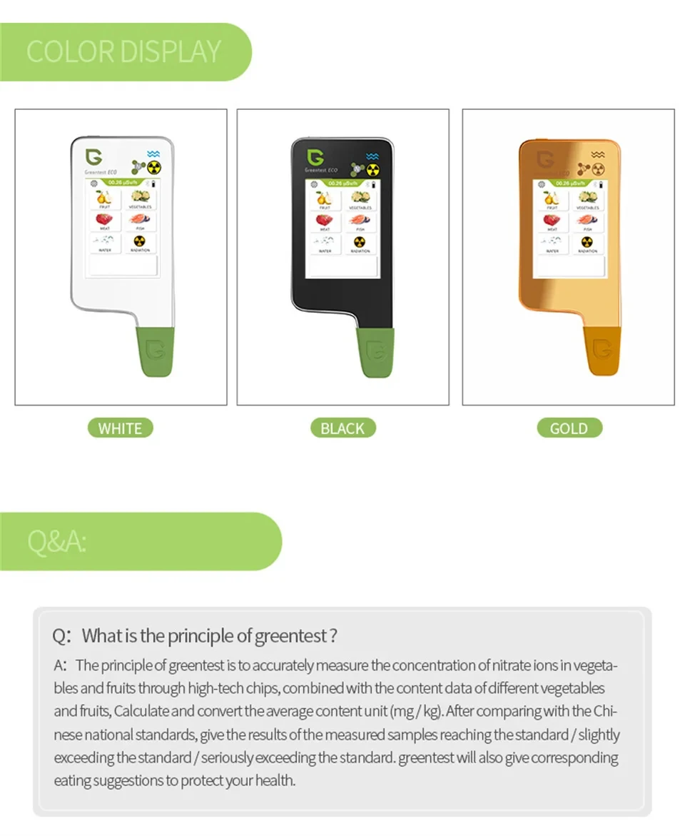 Medidor de Nitratos Greentest para Pescado, Frutas, Vegetales y Carne, Medidor de TDS, Medidor de Radiación, Detector de