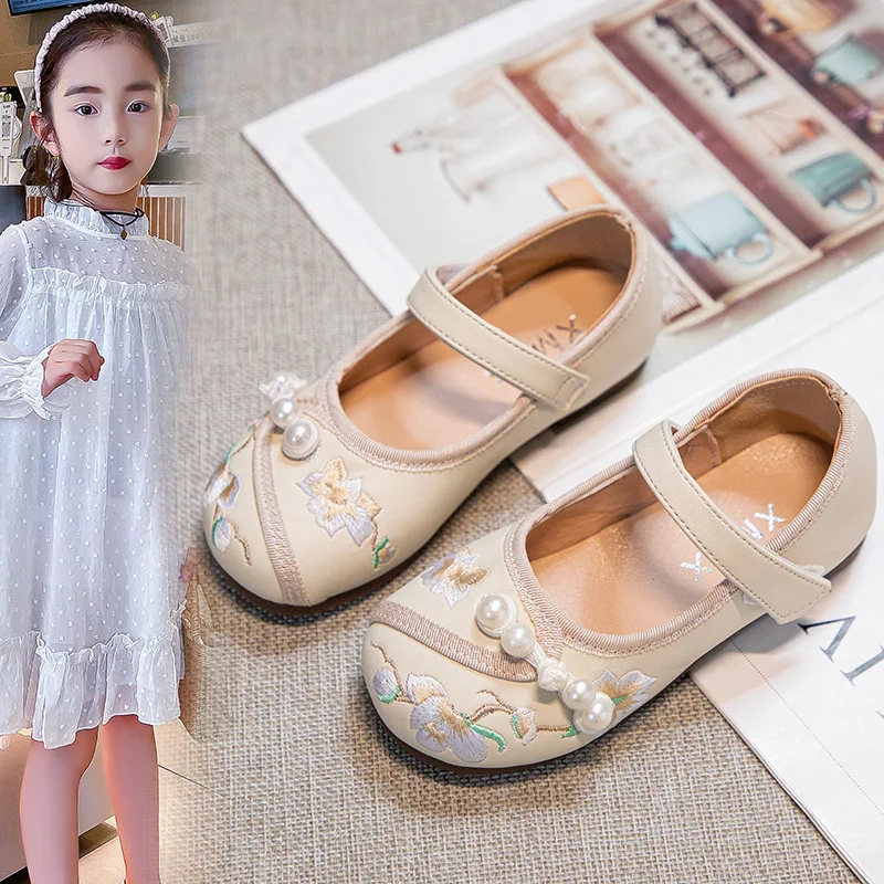 Zapatos de estilo chino para niños y niñas, zapatos planos de PU de princesa étnica Vintage tradicional, moda informal para niños, Hanfu