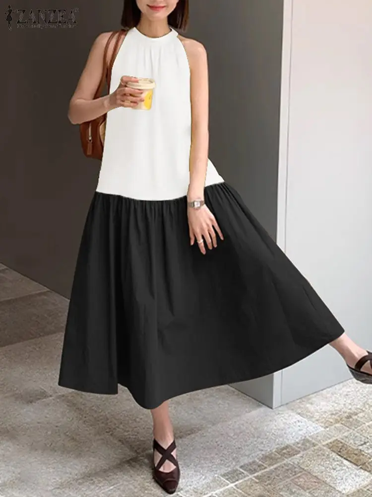 

ZANZEA Korean Fashion 2024 Summer Robe Halter Neck Casual Color Block Patchwork Holiday Tank Vestido Sleeveless Women Midi Dress