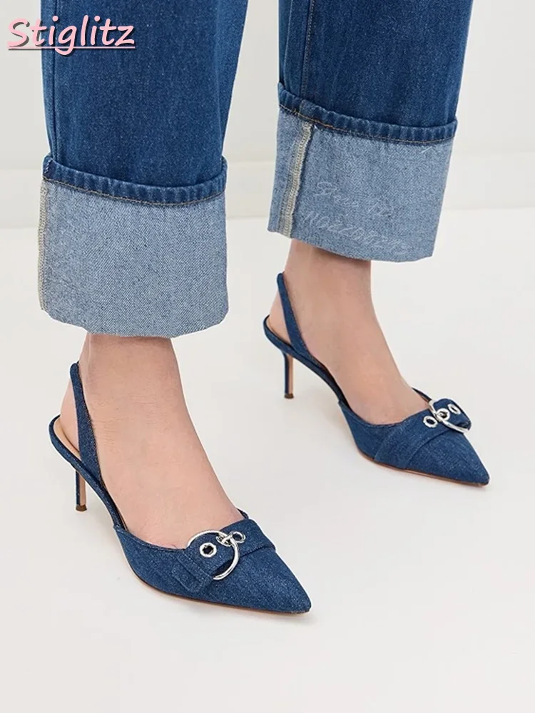 

Denim Blue Stilettos Pumps Solid Pointed Toe Shallow Belt Buckle Strap Thin High Heeled Slip-on New Dress Shoes 2025 Women