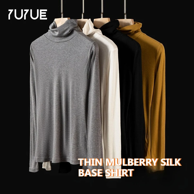 Yuyue Mulberry Silk Turtleneck Base Shirt Warm Slim Top Comfortable Thin Silk Underwear Knitted Sweater Shirt 6% Real Silk