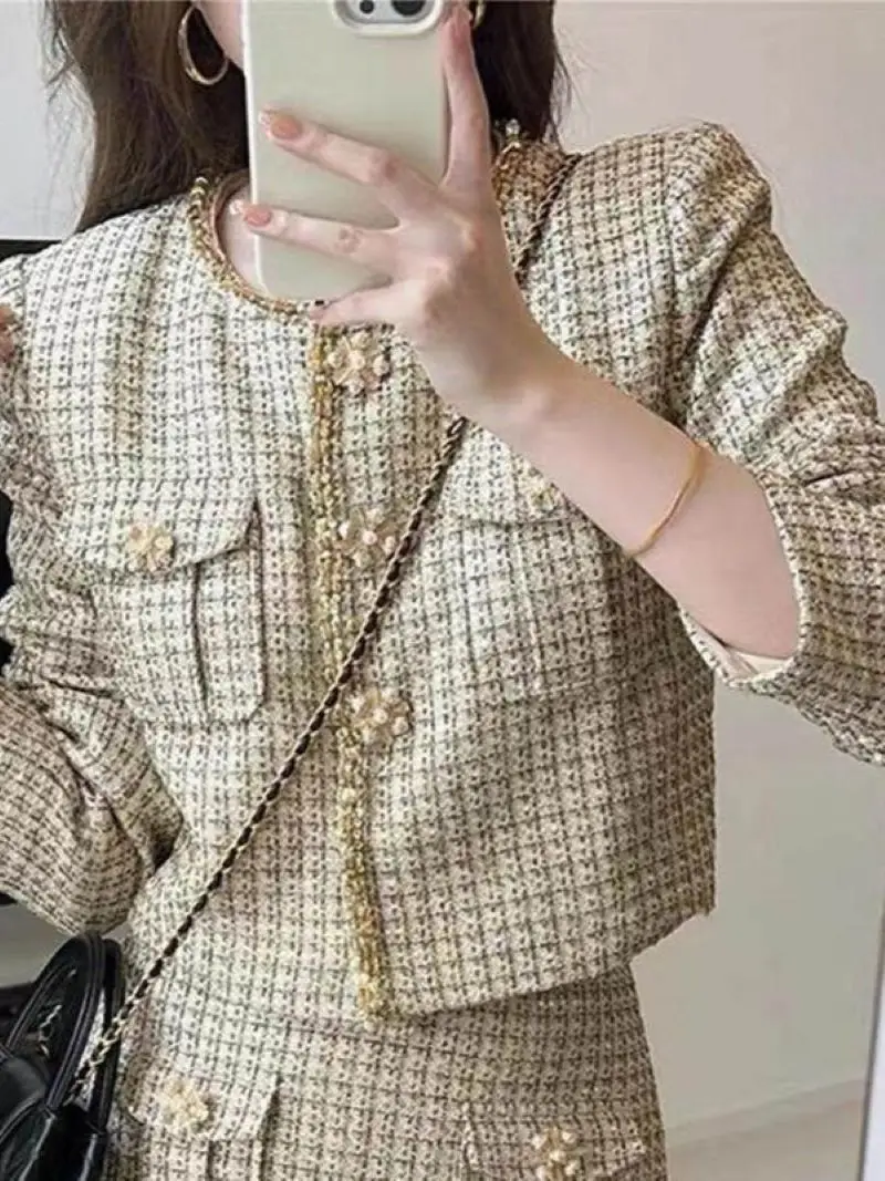 Autumn 2024 Women Plaid Tweed Set Pearl Buttons High Waist A-Line Mini Skirt or Long Sleeve O-Neck Short Jacket Elegant Suit