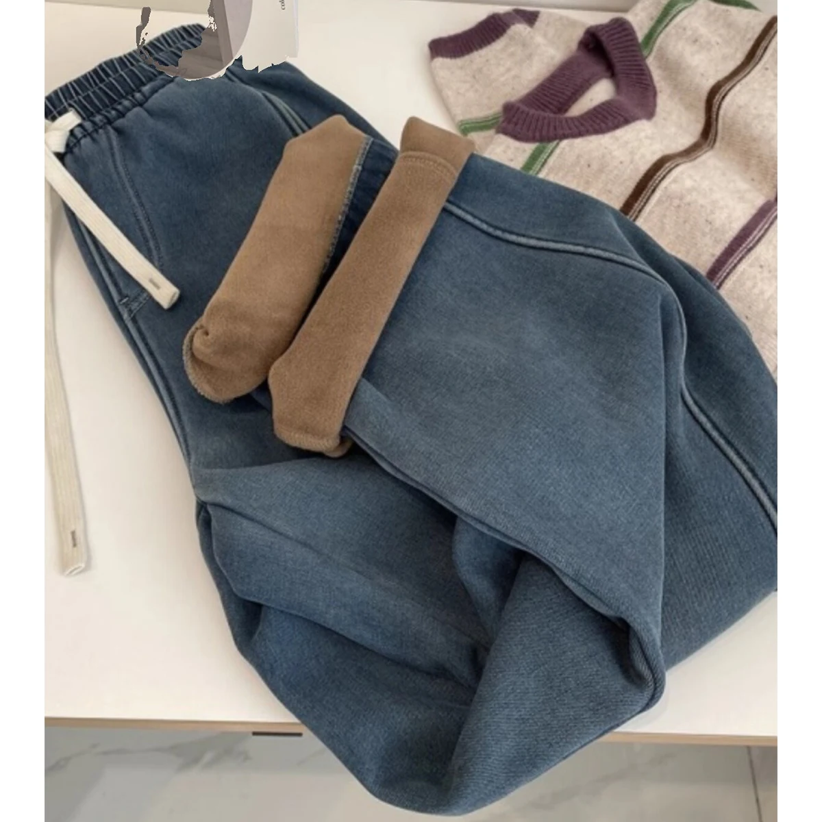 Soft Washed Denim Wide Leg Pants Women Elastic Waist Drawstring Loose Trousers with Side Pockets Winter Casual Plush Trousers