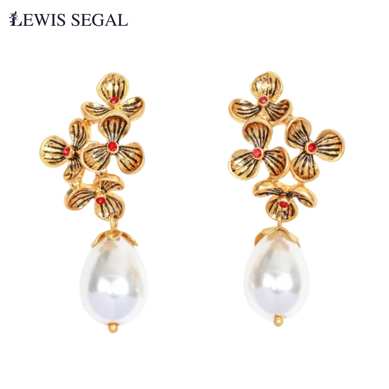 

LEWIS SEGAL Retro Cute Flower Pearl Dangle Earrings for Women Elegant Style Luxury Fine Jewelry 18K Gold Plated Party Gift