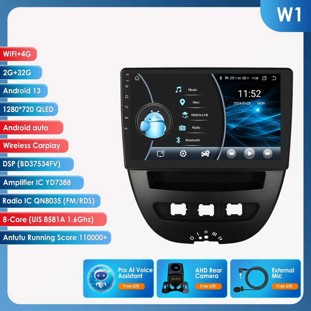 6115 Android Autoradio voor Peugeot 107 Toyota Aygo Citroen C1 Autoradio Multimedia Scherm Draadloze Carplay GPS Audio 2 Din Speler