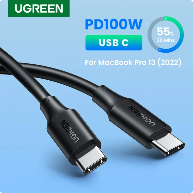 UGREEN PD100W 5A USB C a USB C Cable de carga rápida 5A Tipo C TPE Shell Cable para iPhone 15 MacBook Cable de Material de PVC negro