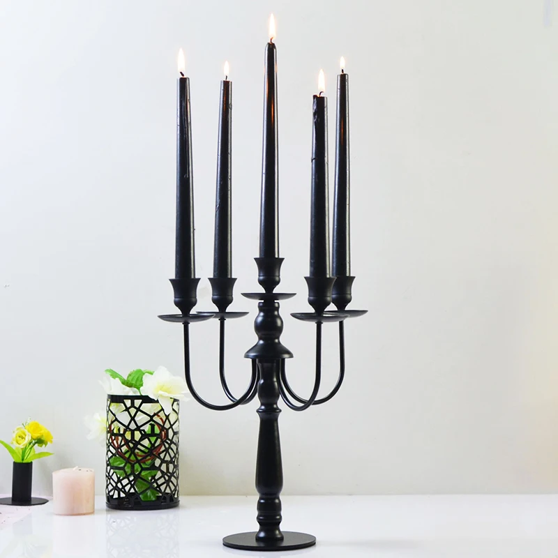 PEANDIM European Black Candlestick Wedding Party Metal Candle Holders 3 & 5 Head Romantic Candlelight Dinner Candle Stand Decor