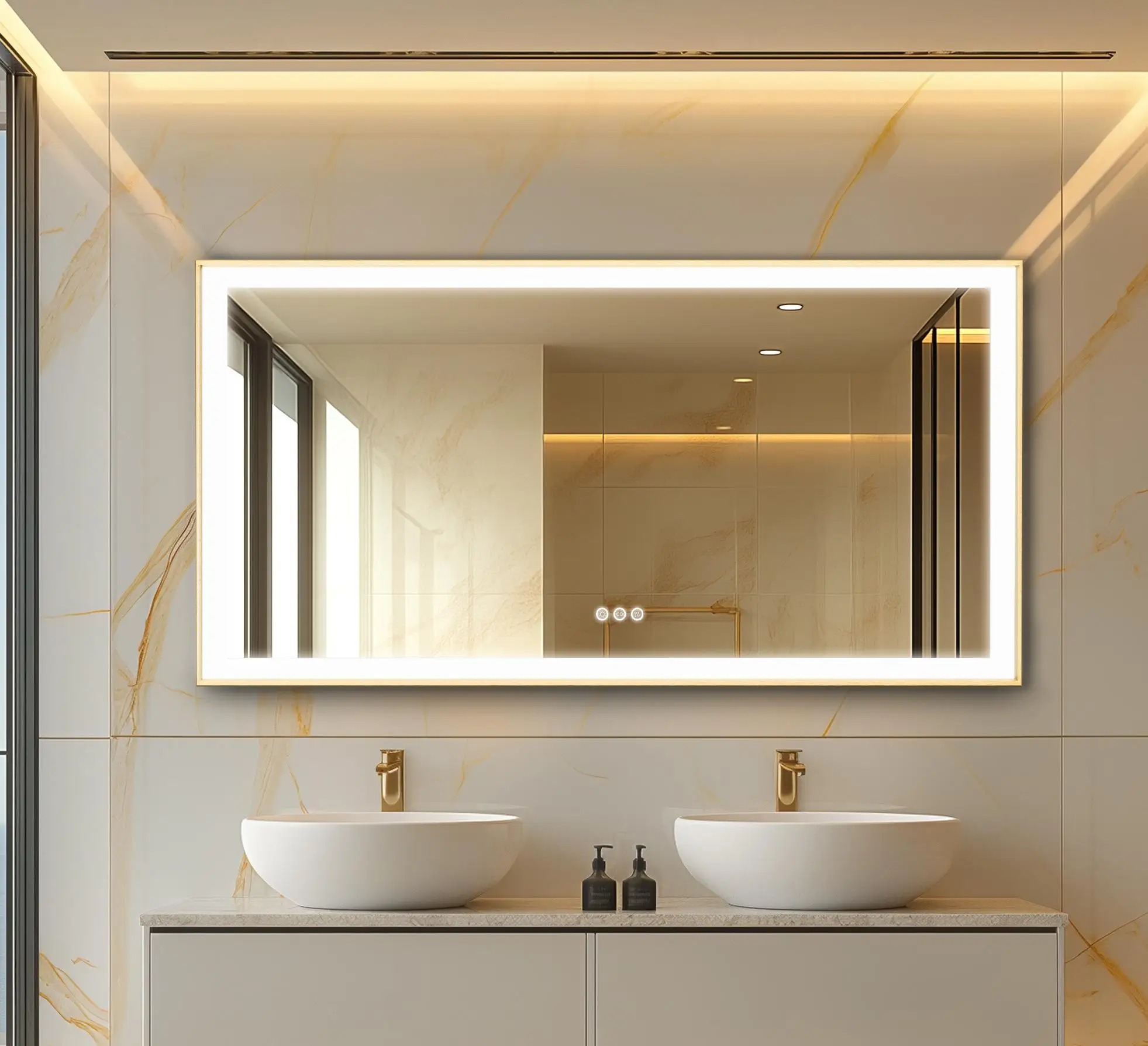 

Rectangular LED bathroom mirror bathroom gold aluminum frame dressing table140/151/160cm