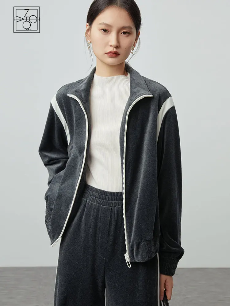 ZIQIAO Women Winter Velvet Casual Sports Suit Grey White Contrast Stand Collar Track Jacket Women Short Coats Straight Pants