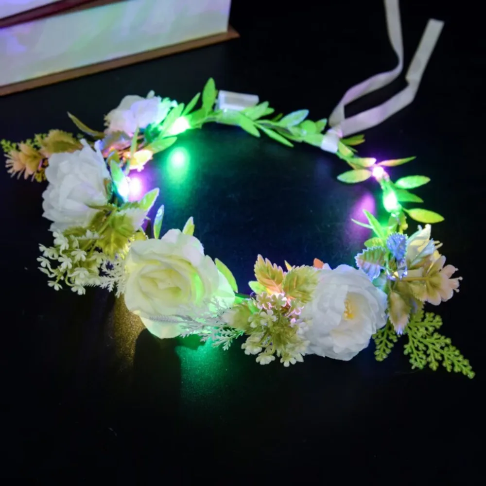 Exquisite Simulation Rose Flower Flower Crown Hairband Hair Hoop Luminous Wreath Headband Flora Tiara LED Light Garland Bride