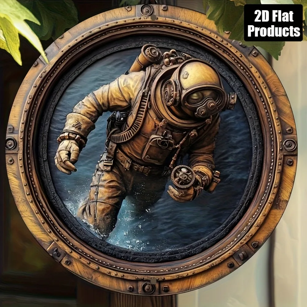 Vintage Diver Aluminium-Wandkunst – 20,3 x 20,3 cm rundes 2D-Flachmetallschild, antikes Finish, Meereswellen-Action, Heimcafé, nautisches Dekor