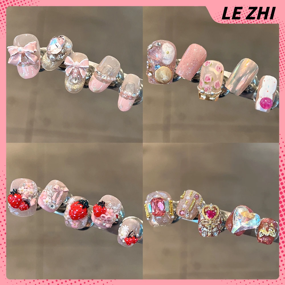 

Sweet Lovely Handmade Short Square Press On Nails Luxury Colorful Shining Diamond Bowknot Flower Strawberry Pearl Fake Nails