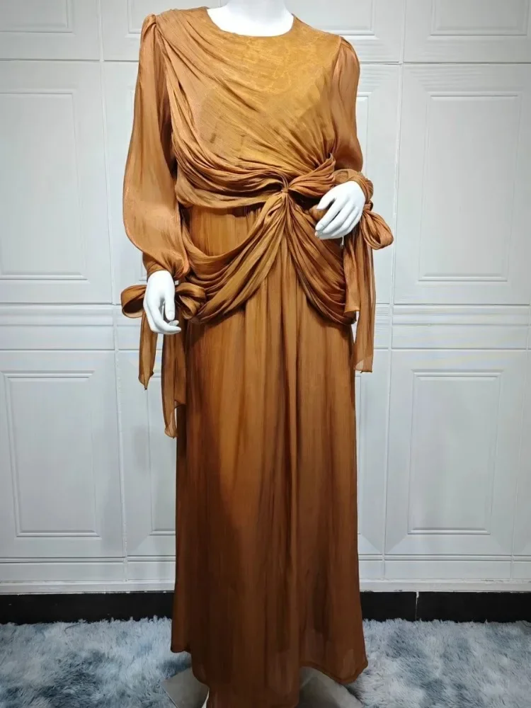 

Muslim Stylish Arab Tunics Maxi Dress New Dubai Puff Sleeve Abaya Ribbon Kaftan 2025
