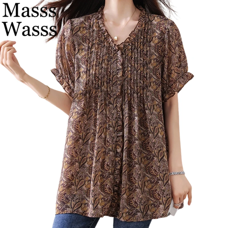

Mass Wasss Летние женские модные длинные рубашки большого размера Женская классическая шифоновая одежда с принтом Повседневные блузки Винтажные топы с v-образным вырезом